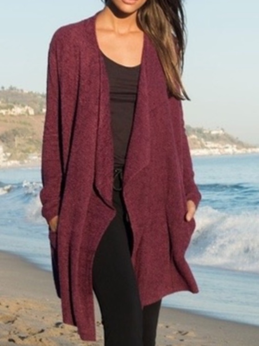 Barefoot Dreams CozyChic Lite Island Open Front Burgundy Soft Cardigan Size 2X